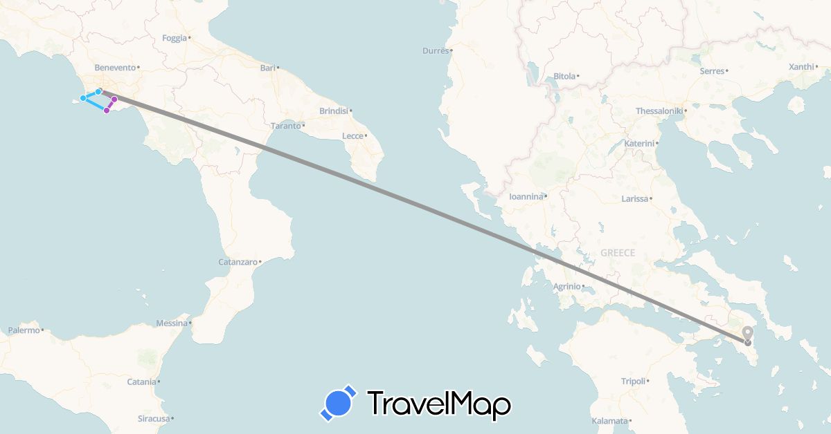 TravelMap itinerary: driving, plane, train, boat in Greece, Italy (Europe)